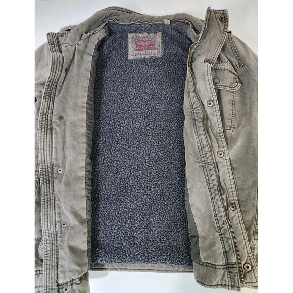 Levis Mens M Washed Cotton Military Jacket Olive Green Sherpa Lined Full Zip - Picture 4 of 14
